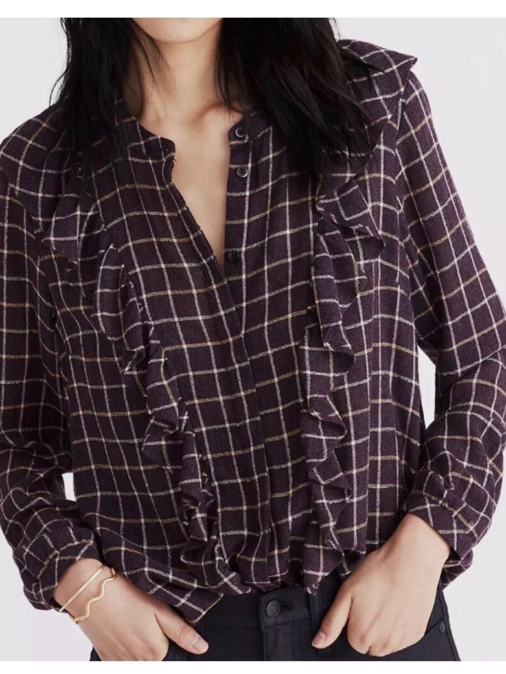 Madewell Wool Blend Deep Plum + Gold Plaid Ruffle-Front Button-Down Shirt sz S